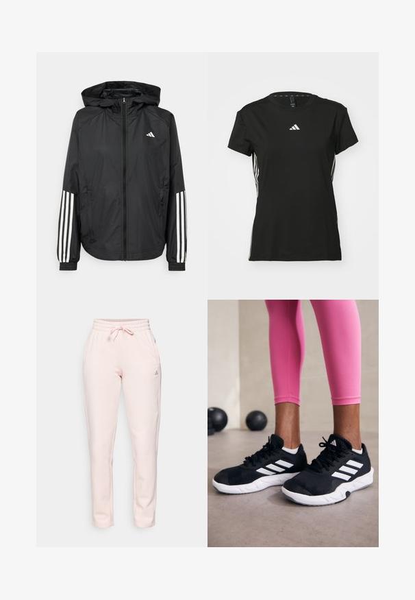 Juodas lengvas džemperis su gobtuvu, turi pilną užtrauktuką priekyje, elastingas rankovių gumytes ir baltus tris juostų akcentus ant rankovių.; Juodas sportinis marškinėliai su trumpomis rankovėmis, pagaminti iš sintetinio audinio. Savybė - mažas baltas logotipas ant krūtinės ir baltos juostelės šonuose.; Rožinės sportinės kelnės su reguliuojamu liemeniu ir raišteliu, turi šonines kišenes ir subtilų prekės ženklo logotipą ant viršutinės šlaunies.; Juodi sportiniai bateliai su baltais dryžiais, tekstūruota tinklinė viršutinė dalis ir balti padai. Dėvimi su rožiniais leggingais, demonstruojant treniruočių aprangą.