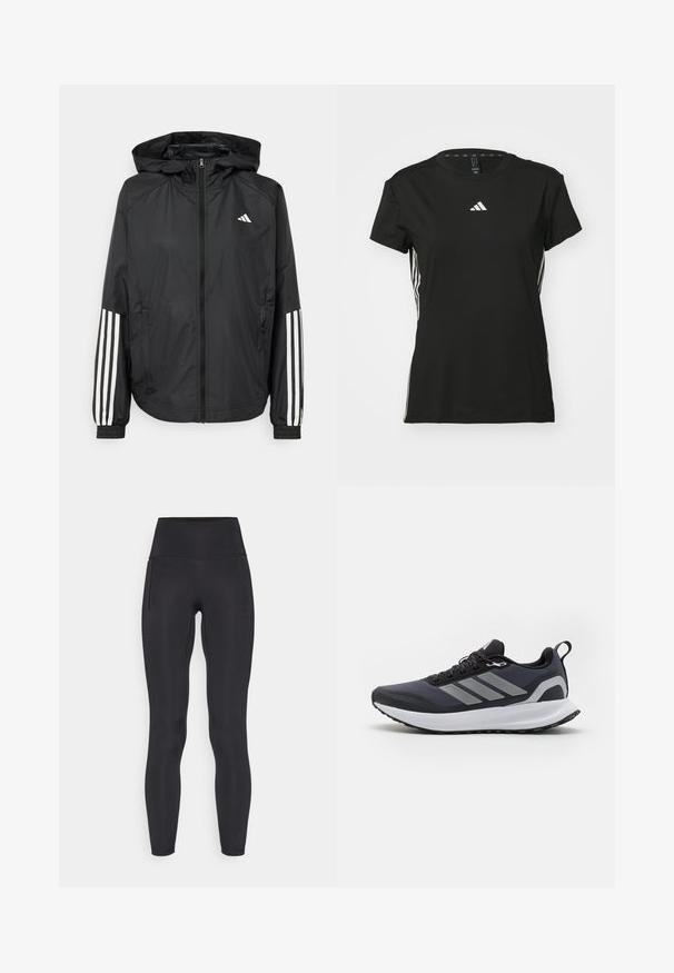 Black lightweight jacket with a hood, featuring a full zip front, elastic cuffs, and white three-stripe accents on sleeves.; Black athletic t-shirt with short sleeves, made of synthetic material. Features a small white logo on the chest and white stripes on the sides.; Black high-waisted leggings made of stretchy fabric. Features a smooth texture, slim fit, and side pockets for convenience.; Black athletic shoe with mesh upper, white midsole, textured rubber outsole, and three grey stripes on the side. Features laces and a pull tab.