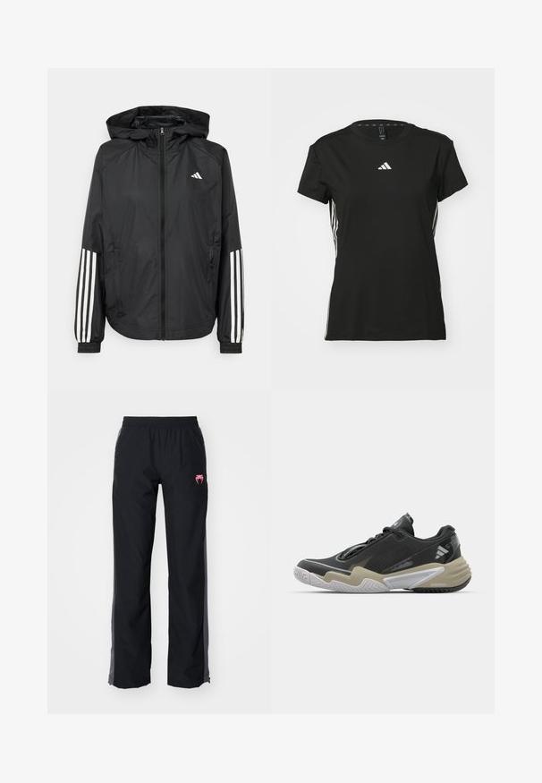 Casaco leve preto com capuz, apresentando um fecho de correr na frente, punhos elásticos e detalhes em branco com três riscas nas mangas.; T-shirt atlético preto com mangas curtas, feito de material sintético. Apresenta um pequeno logótipo branco no peito e riscas brancas nas laterais.; Calças exteriores pretas com cintura elástica, bolsos laterais e logótipo rosa. Apresenta um design de perna reta e detalhes em cinza contrastantes.; Sapatilha desportiva preta e bege com parte superior texturizada, design de sola proeminente, acabamentos refletivos e sistema de atacadores. Construção leve.
