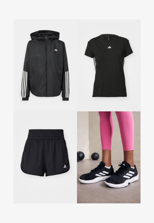 Mustikas kerge jope kapuutsiga, eesmise täispika zipiga, elastsete varrukate ja valgete kolme triibu aktsentidega varrukatel.; Must musta t-särk lühikeste varrukatega, valmistatud sünteetilisest materjalist. Ees on väike valge logo ja külgedel valged triibud.; Mustad mustad lühikesed püksid, millel on elastne, koondatud vöökohus ja valge logo aktsent alumises paremas servas. Sile, kerge materjal.; Mustad must sportlikud jalanõud valgete triipudega, tekstureeritud võrkkattega ülemine osa ja valge tallaga. Kombineeritud roosade retuusidega, tutvustades treeningriideid.