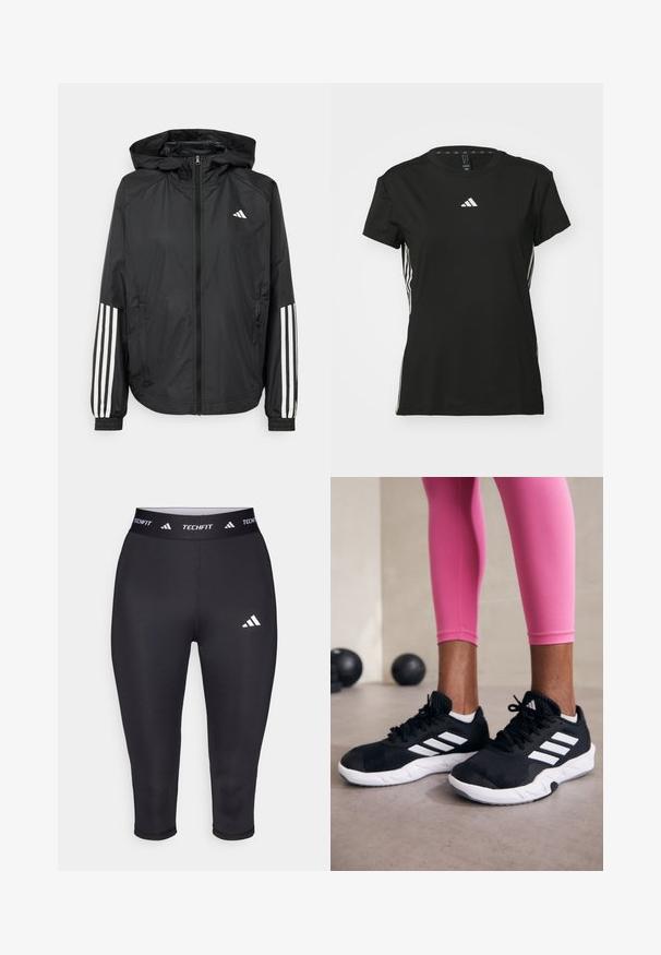 Čierna ľahká bunda s kapucňou, s celoprsným zipsom, elastickými manžetami a bielymi trojprúžkovými akcentmi na rukávoch.; Čierne športové tričko s krátkymi rukávmi, vyrobené z syntetického materiálu. Obsahuje malé biele logo na hrudi a biele pruhy po stranách.; Čierne Techfit capri legíny vyrobené z elastického materiálu. Majú široký pás s bielym brandingom a malé biele logo na stehne.; Čierne atletické topánky s bielymi pruhmi, textúrovaný sieťovaný zvršok a biela podrážka. Nosené s ružovými legínami, ukazujúce tréningové oblečenie.