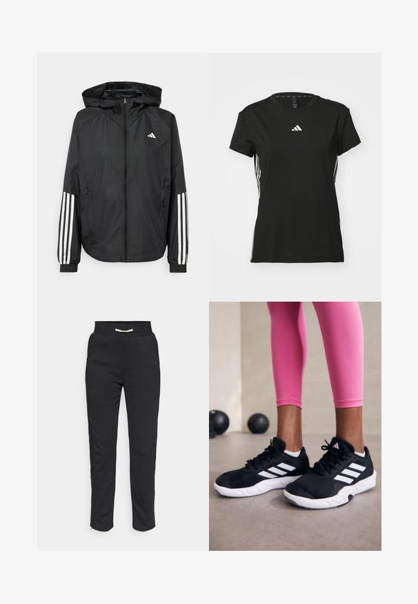 Svart lett jakke med hette, med full glidelås foran, elastiske mansjetter og hvite tre-stripes detaljer på ermene.; Svart atletisk t-skjorte med korte ermer, laget av syntetisk materiale. Har en liten hvit logo på brystet og hvite striper på sidene.; Sorte atletiske joggebukser med myk tekstur, med ribbestrikket midjebånd og sidestriper, samt glidelås ved kanten for justerbar passform.; Svarte treningssko med hvite striper, teksturert mesh-overdel og hvit såle. Brukt med rosa leggings, som viser frem treningsklær.