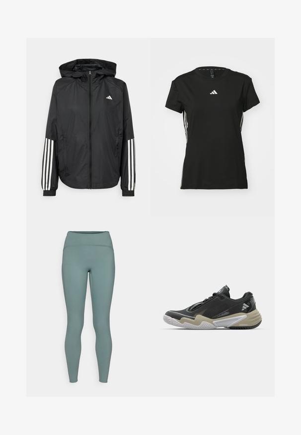 Juodas lengvas džemperis su gobtuvu, turi pilną užtrauktuką priekyje, elastingas rankovių gumytes ir baltus tris juostų akcentus ant rankovių.; Juodas sportinis marškinėliai su trumpomis rankovėmis, pagaminti iš sintetinio audinio. Savybė - mažas baltas logotipas ant krūtinės ir baltos juostelės šonuose.; Aukštos juosmens leggingai ramios tirkizinės spalvos, pagaminti iš lygios, tamprios medžiagos su subtiliomis siūlų detalėmis. Tinka tvirtai prie kūno.; Juoda ir béžo spalvų sportinė avalynė su tekstūruota viršutine dalimi, išskirtiniu pado dizainu, atspindinčiomis detalėmis ir raištelių sistema. Lengva konstrukcija.