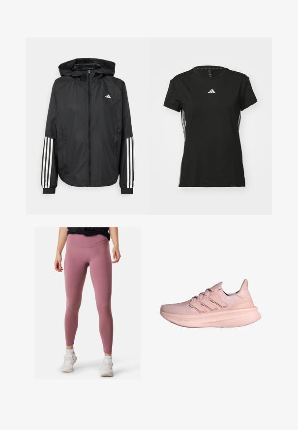 Schwarze, leichte Jacke mit Kapuze, die einen durchgehenden Reißverschluss, elastische Bündchen und weiße dreistreifige Akzente an den Ärmeln aufweist.; Schwarzes Sport-T-Shirt mit kurzen Ärmeln, hergestellt aus synthetischem Material. Verfügt über ein kleines weißes Logo auf der Brust und weiße Streifen an den Seiten.; Rosa Sportleggings mit hoher Taille, glatter Textur und minimalen Nähten. Kombiniert mit weißen Sneakers für den Kontrast.; Pink sportliche Schuhe mit einem gestrickten Obermaterial, einem Drei-Streifen-Design und einer dick gepolsterten Sohle, die "Light Boost" beschriftet ist. Strukturiertes Finish auf dem Obermaterial.