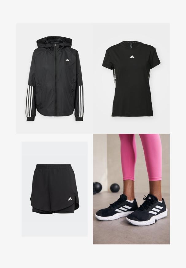 Veste légère noire avec capuche, dotée d'une fermeture à glissière intégrale, de poignets élastiques et d'accents blancs à trois rayures sur les manches.; T-shirt de sport noir à manches courtes, fabriqué en matériau synthétique. Présente un petit logo blanc sur la poitrine et des rayures blanches sur les côtés.; Shorts de sport noirs avec une taille élastique, un design superposé, des shorts ajustés à l'intérieur et un logo blanc en bas à gauche.; Baskets de sport noires avec des rayures blanches, tige en mesh texturé et semelle blanche. Portées avec des leggings roses, mettant en valeur des vêtements d'entraînement.