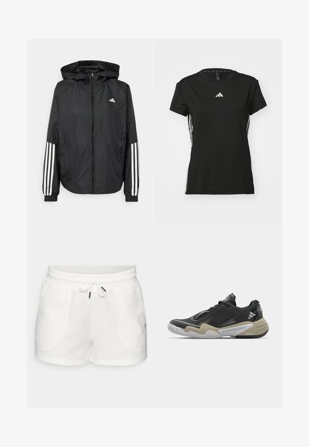 Čierna ľahká bunda s kapucňou, s celoprsným zipsom, elastickými manžetami a bielymi trojprúžkovými akcentmi na rukávoch.; Čierne športové tričko s krátkymi rukávmi, vyrobené z syntetického materiálu. Obsahuje malé biele logo na hrudi a biele pruhy po stranách.; Biele bavlnené šortky s elastickým pásom, šnúrkou so slučkami z kovu a dvomi bočnými vreckami s jemnou textúrou.; Čierna a béžová športová obuv s textúrovaným vrchom, výrazným dizajnom podrážky, reflexnými akcentmi a systémom šnurovania. Ľahká konštrukcia.