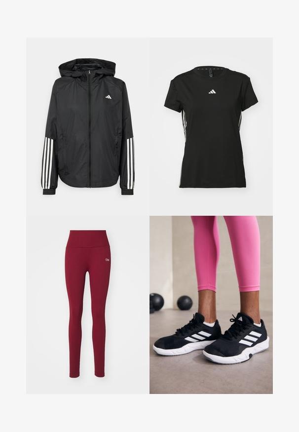 Melnā vieglā jaka ar kapuci, ar pilnu rāvējslēdzēju priekšā, elastīgām aprocēm un baltām trīs svītru akcentiem uz piedurknēm.; Melna sporta T-kreklu ar īsām piedurknēm, izgatavots no sintētiska materiāla. Tam ir mazs balts logo uz krūšu daļas un baltas svītras sānos.; Bordo legingi, kas izgatavoti no ribota auduma, ar augstu jostasvietu un nelielu baltu logo sānos. Gluda tekstūra un pieguļoša forma.; Melnas sporta kurpes ar baltām svītrām, teksturēta sieta augšdaļa un balta zole. Nēsātas ar rozā legingiem, demonstrējot treniņu apģērbu.