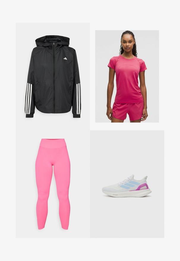 Juodas lengvas džemperis su gobtuvu, turi pilną užtrauktuką priekyje, elastingas rankovių gumytes ir baltus tris juostų akcentus ant rankovių.; Šviesiai rožinė sportinė marškinėliai su trumpomis rankovėmis, apvaliu iškirpimu ir tekstūruotu audiniu, derinami su atitinkamais šortais aktyviam dėvėjimui.; Rožinės aukšto liemens legginsai, pagaminti iš elastingos medžiagos. Lygus paviršius, prigludęs dizainas, iki kulkšnies ilgio, be matomų raštų ar detalių.; adidas Performance PUREBOOST 5 - Bėgimo batai plentui - white/glow blue/purple burst