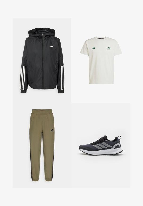 Schwarze, leichte Jacke mit Kapuze, die einen durchgehenden Reißverschluss, elastische Bündchen und weiße dreistreifige Akzente an den Ärmeln aufweist.; Weißes Baumwoll-T-Shirt mit kurzen Ärmeln, das auf der linken Brust ein grünes Adidas-Logo und Text sowie auf der rechten Schulter ein grünes Dreieckslogo trägt.; Olivegrüne Sporthosen mit elastischem Bund, schwarzen Seitenstreifen und Adidas-Logo-Akzent. Hergestellt aus weichem, leichtem Material.; Schwarzer Sportschuh mit Obermaterial aus Mesh, weißer Mittelsohle, strukturiertem Gummisohle und drei grauen Streifen an der Seite. Verfügt über Schnürsenkel und eine Zuglasche.