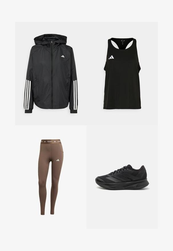 Veste légère noire avec capuche, dotée d'une fermeture à glissière intégrale, de poignets élastiques et d'accents blancs à trois rayures sur les manches.; Débardeur de sport noir avec un col rond et un dos ouvert. Présente un logo Adidas blanc sur la zone gauche de la poitrine. Tissu doux et léger.; Leggings de sport bruns en matériau extensible. Présentent un logo blanc sur la jambe gauche et une ceinture de marque. Texture lisse et coupe ajustée.; Chaussure de course noire avec une tige en maille respirante, un bout arrondi, un design épuré, des accents texturés et une semelle rembourrée pour le confort.