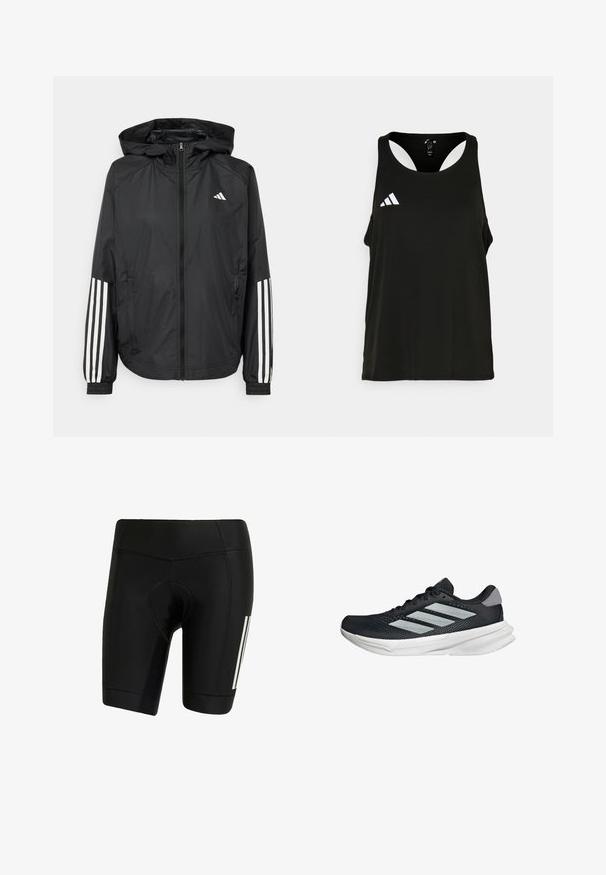 Veste légère noire avec capuche, dotée d'une fermeture à glissière intégrale, de poignets élastiques et d'accents blancs à trois rayures sur les manches.; Débardeur de sport noir avec un col rond et un dos ouvert. Présente un logo Adidas blanc sur la zone gauche de la poitrine. Tissu doux et léger.; Shorts de cyclisme noirs en tissu extensible. Dotés d'une assise rembourrée, de coutures à plat et de rayures verticales blanches sur le côté gauche.; Baskets de course noires avec tige en mesh, trois rayures argentées, semelle intermédiaire blanche et semelle extérieure texturée. Comprend un col rembourré et un système de laçage.