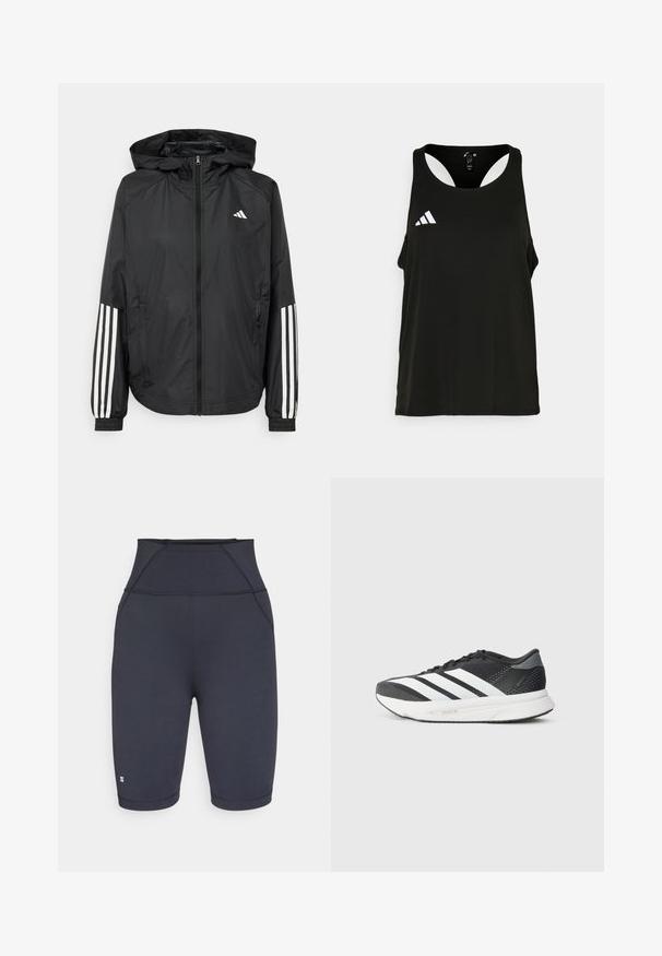 Svart lett jakke med hette, med full glidelås foran, elastiske mansjetter og hvite tre-stripes detaljer på ermene.; Svart athletic tank topp med rund hals og åpen ryggdesign. Har en hvit Adidas-logo på venstre brystområde. Myk, lett stoff.; Høyt livdesign navy sykkelshorts laget av elastisk materiale, med flate sømmer og en liten logo på venstre legg.; Svart treningssko med hvite striper, mesh-overdel, polstret såle og et elegant design. Grå detaljer på hælen og tungen.