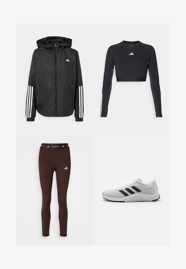 Giacca leggera nera con cappuccio, caratterizzata da una zip frontale completa, polsini elastici e accenti bianchi a tre strisce sulle maniche.; Top da allenamento nero a maniche lunghe e cropped realizzato in tessuto morbido. Presenta un logo bianco sul petto e accenti a righe sulle maniche.; adidas Performance TF STASH 1/1 L - Leggings - shadow brown; Scarpa sportiva bianca con strisce nere, parte superiore in rete, sole in gomma e dettagli testurizzati. Presenta una punta arrotondata e un collo imbottito.