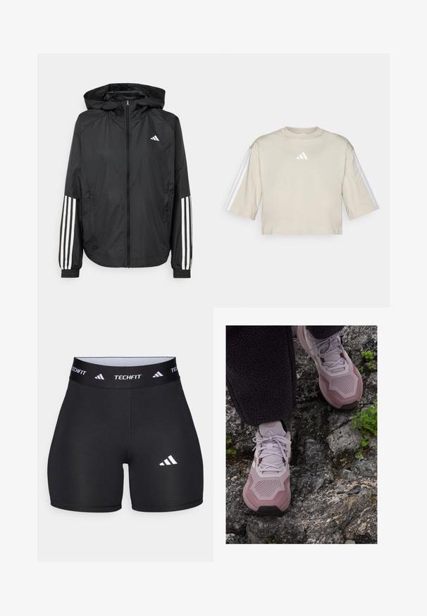 Crna lagana jakna s kapuljačom, s punim zdravo zatvaranjem, elastičnim manžetama i bijelim trostrukim trakama na rukavima.; Skraćeni bež majica od mekog pamuka. Ima okrugli izrez, oversized kratke rukave i tri bijele pruge na oba rukava.; Crne kratke hlače izrađene od rastezljive tkanine s prilagođenim dizajnom. Imaju široki crni pojas sa oznakom "TECHFIT" i bijeli logo na nozi.; Svijetloplave atletske cipele s teksturiranim mrežastim gornjim dijelom, ojačanom prednjom stranom i gumenom potplatom, smještene na stjenovitom terenu s zelenim naglascima.