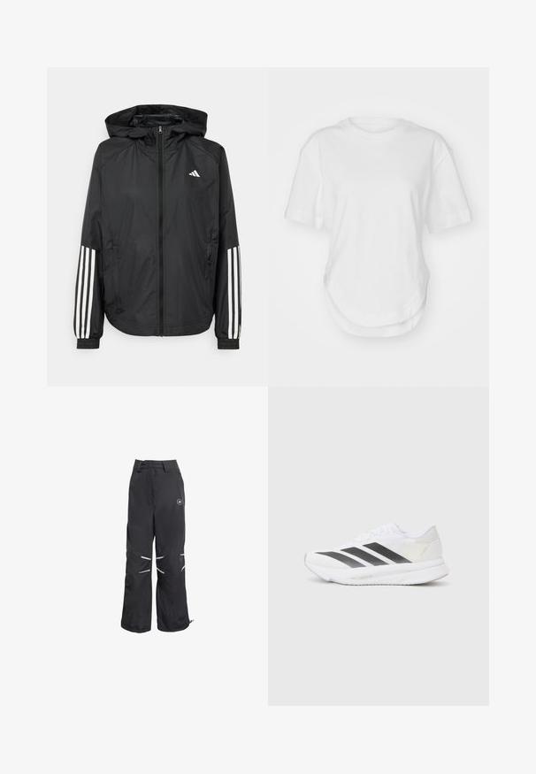 Black lightweight jacket with a hood, featuring a full zip front, elastic cuffs, and white three-stripe accents on sleeves.; White cotton t-shirt featuring a round neckline, short sleeves, and a curved hem. Smooth texture with no patterns or accents.; Black wide-leg pants with reflective details on knees, high waist with belt loops, and a circular logo on the upper right thigh.; White athletic shoe with black diagonal stripes, mesh upper, rounded toe, and textured sole. Accents include a silver heel and minimalistic design.