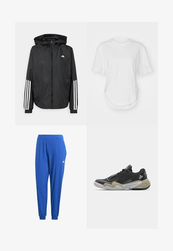 Černá lehká bunda s kapucí, která má plný zip vpředu, elastické manžety a bílé třípruhové akcenty na rukávech.; Bílý bavlněný tričko s kulatým výstřihem, krátkými rukávy a zaobleným lemem. Hladká textura bez vzorů nebo akcentů.; adidas Performance AEROREADY ESSENTIALS MINIMAL BRANDING WOVEN - Teplákové kalhoty - semi lucid blue; Černá a béžová sportovní obuv s texturovaným svrškem, výrazným designem podešve, reflexními prvky a šněrovacím systémem. Lehká konstrukce.