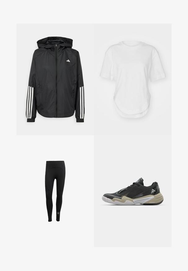 Fekete, könnyű dzseki kapucnival, teljes cipzárral, elasztikus mandzsettákkal és fehér, háromcsíkkal díszített ujjakon.; Fehér pamut póló, kerek nyakkivágással, rövid ujjakkal és ívelt alsó résszel. Simább textúrájú, minta vagy díszítés nélkül.; Női fekete leggings, rugalmas anyagból készült, magas derékkal és varrás nélküli dizájnnal, kör alakú hátsó résszel és logó részlettel.; Fekete és bézs sportcipő texturált felsőrésszel, hangsúlyos talpdesignnal, fényvisszaverő kiegészítőkkel és fűzőrendszerrel. Könnyű kivitel.