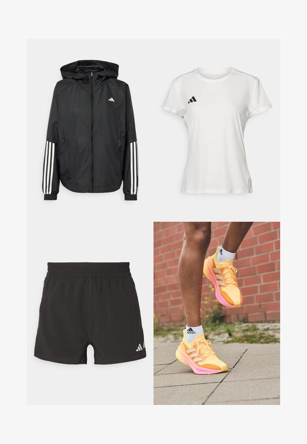 Musta kevyt takki hupparilla, jossa on täysipitkä vetoketju, elastiset hihansuut ja valkoiset kolmonauha-tyyliset yksityiskohdat hihoissa.; Valkoinen urheilupaita, joka on valmistettu kosteutta siirtävästä kankaasta. Lyhyet hihat, pyöreä kaula-aukko, musta logo ja kolmiraidallinen emblem vasemmassa rinnassa.; Mustat urheilushortsit, jotka on valmistettu kevyestä materiaalista. Niissä on joustava vyötärönauha, sivutasku vetoketjulla ja heijastava logo hemmassa.; Kirkkaan keltaiset juoksukengät, joissa on vaaleanpunaisia yksityiskohtia ja valkoisia raitoja. Niissä on verkkopäällinen, kevyt rakenne ja teksturoitu pohja.