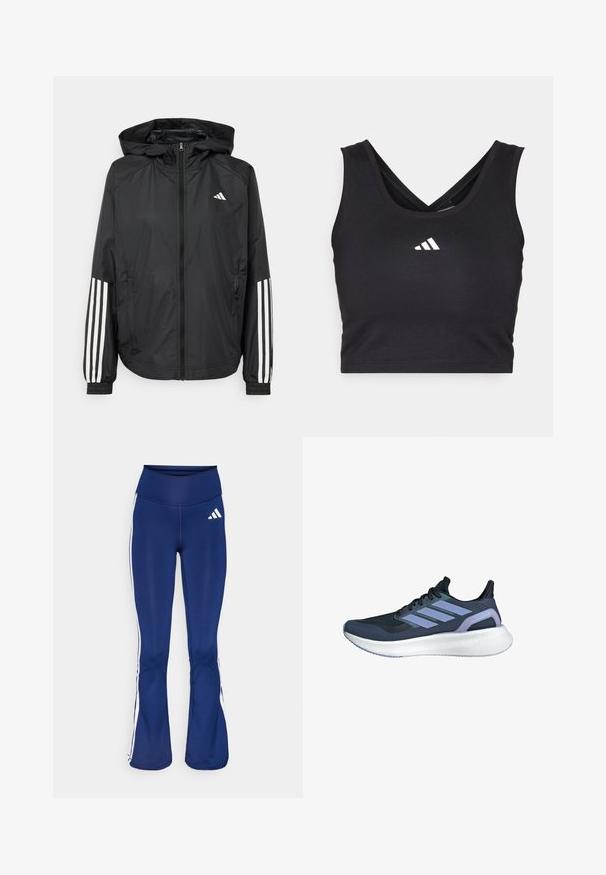 Zwarte lichtgewicht jas met een capuchon, met een volledige ritssluiting aan de voorkant, elastische manchetten en witte accenten met drie strepen op de mouwen.; Zwarte cropped sportbeha met een crossover ontwerp, gemaakt van gladde stof. Bevat een witte Adidas-logo aan de voorkant.; Navy flared leggings gemaakt van rekbaar materiaal, met witte zijstrepen en een Adidas-logo op de linkerheup. Soepele textuur, hoge taille.; Marine atletiekschoenen met een bovenwerk van geavanceerd mesh, contrasterende paarse accenten, gestructureerde zool en drie-strepen logo aan de zijkant.