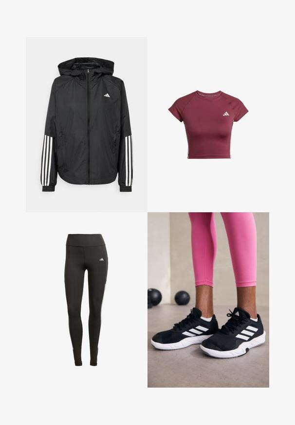 Zwarte lichtgewicht jas met een capuchon, met een volledige ritssluiting aan de voorkant, elastische manchetten en witte accenten met drie strepen op de mouwen.; Bordeaux sportieve crop top gemaakt van soepele stof. Heeft korte mouwen en ribbel details op de schouders. Witte logo op de borst.; Zwarte leggings van rekbaar materiaal, met een hoge tailleband, witte zijstrepen en een zijzak voor extra gemak.; Zwarte sportschoenen met witte strepen, structuur-mesh bovenwerk en een witte zool. Draagt bij roze leggings, die trainin gskleding laten zien.
