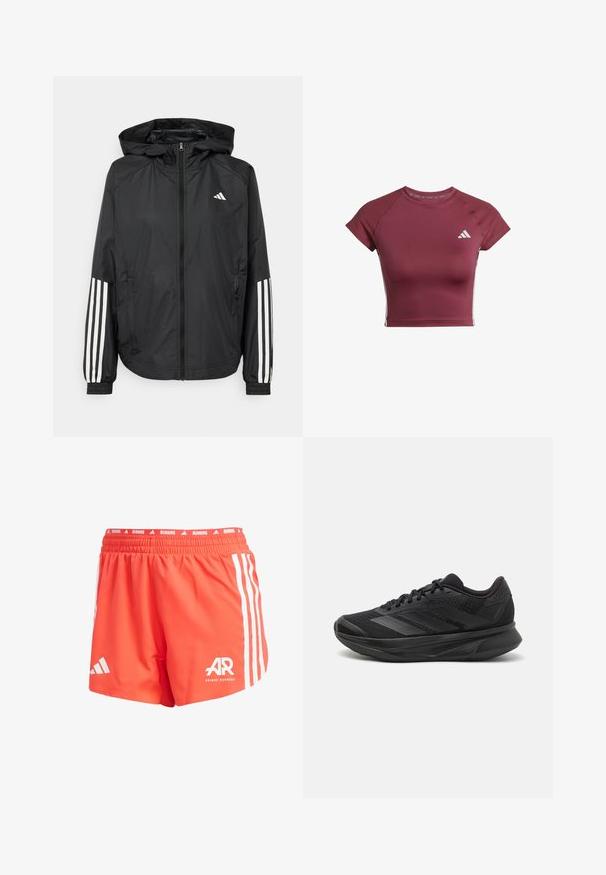 Sort letvægtsjakke med hætte, der har fuld lynlås fortil, elastiske manchetter og hvide tre-stribede detaljer på ærmerne.; Bourgogne atletisk crop top lavet af glat stof. Har korte ærmer og ribbet detaljering på skuldrene. Hvidt logo på brystet.; Adidas løbeshorts i lys orange, lavet af letvægtsstof, med hvide striber på siderne, elastisk talje og logo-detalje.; Sort løbesko med en åndbar mesh-overdel, afrundet tå, strømlinet design, teksturerede detaljer og en polstret sål for komfort.