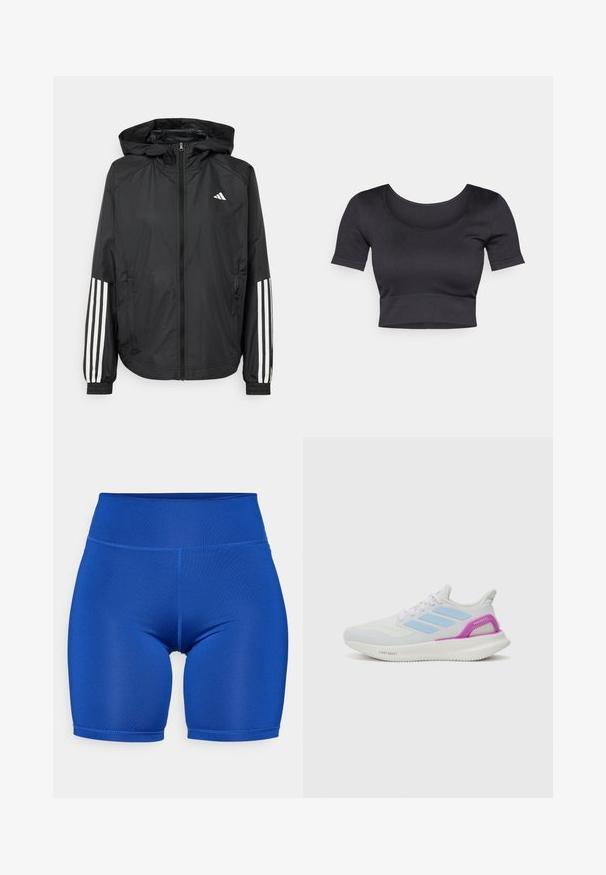 Giacca leggera nera con cappuccio, caratterizzata da una zip frontale completa, polsini elastici e accenti bianchi a tre strisce sulle maniche.; Top corto a coste nero con maniche corte, scollatura rotonda ampia e fascia aderente nella parte inferiore. Tessuto morbido, design informale.; ONLY Play ONPJAM JIMBO TRAIN SHORTS - Leggings - surf the web; adidas Performance PUREBOOST 5 - Scarpe da corsa su strada - white/glow blue/purple burst