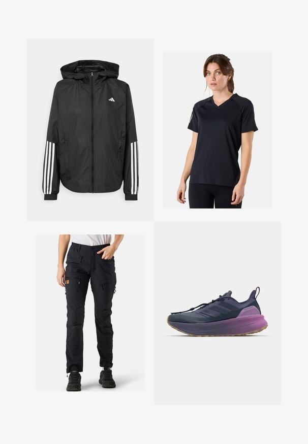 Musta kevyt takki hupparilla, jossa on täysipitkä vetoketju, elastiset hihansuut ja valkoiset kolmonauha-tyyliset yksityiskohdat hihoissa.; Musta urheilupaita, jossa on V-pääntie ja lyhyet hihat. Valmistettu kosteutta siirtävästä kankaasta, jossa on hienovarainen rakenne ja litteät saumat.; Musta ulkoiluhousut, joissa on useita vetskareilla varustettuja taskuja, joustava vyötärö ja vahvistetut polvet kestävyys. Materiaali näyttää olevan säänkestävä.; adidas Performance ULTRABOOST 5 - Katujuoksukengät - shadow navy/legend ink/preloved purple