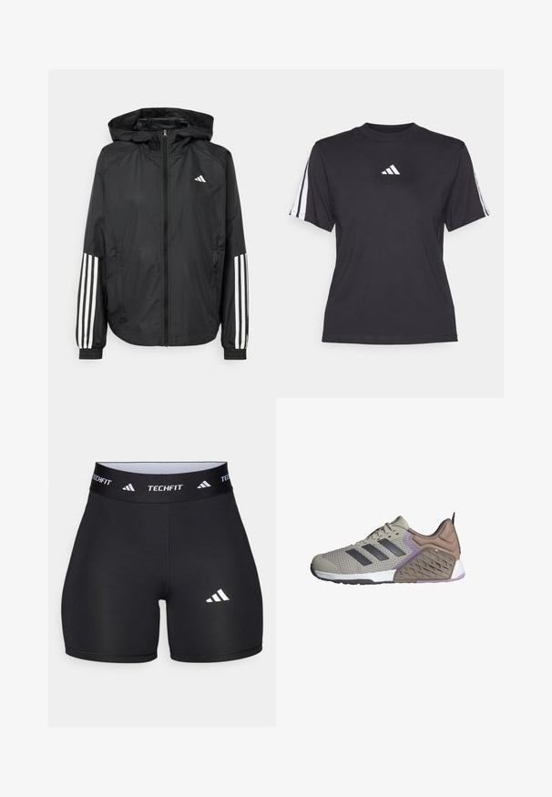 Crna lagana jakna s kapuljačom, s punim zdravo zatvaranjem, elastičnim manžetama i bijelim trostrukim trakama na rukavima.; Crna atletska majica od mekanog materijala, s okruglim izrezom, kratkim rukavima i tri bijele pruge na svakom ramenu. Bijeli logo na prsima.; Crne kratke hlače izrađene od rastezljive tkanine s prilagođenim dizajnom. Imaju široki crni pojas sa oznakom "TECHFIT" i bijeli logo na nozi.; Bežna atletska cipela s sivim akcentima, teksturirana mrežasta gornja strana, podstavljeni ovratnik i potplat dualne gustoće s uzorkovanim dizajnom i ljubičastim detaljima.