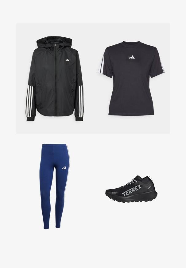 Sort letvægtsjakke med hætte, der har fuld lynlås fortil, elastiske manchetter og hvide tre-stribede detaljer på ærmerne.; Sort atletisk T-shirt lavet af blødt stof, med rund halsudskæring, korte ærmer og tre hvide striber på hver skulder. Hvidt logo på brystet.; Mørkeblå leggings med hvide sidestropper og et mærkelogo på underbenet. Fremstillet af strækbart materiale for komfort og bevægelse.; Sort atletiksko med en textured overdel, der har "TERREX" branding, snøring og en robust sål for godt greb.