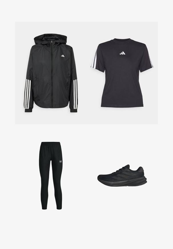 Black lightweight jacket with a hood, featuring a full zip front, elastic cuffs, and white three-stripe accents on sleeves.; Black athletic t-shirt made of soft fabric, featuring a crew neckline, short sleeves, and three white stripes on each shoulder. White logo on chest.; Black athletic leggings with an elastic waistband, featuring a fitted shape and a small white logo on the left calf. Smooth texture.; Black athletic shoes with a mesh upper, streamlined shape, flat sole, and three diagonal stripes on the side. Lightweight design for comfort.