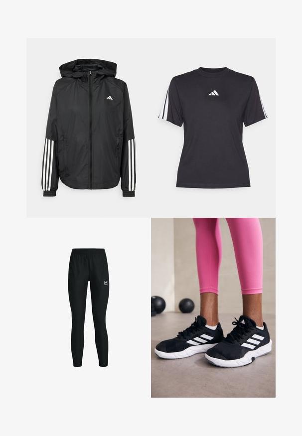 Black lightweight jacket with a hood, featuring a full zip front, elastic cuffs, and white three-stripe accents on sleeves.; Black athletic t-shirt made of soft fabric, featuring a crew neckline, short sleeves, and three white stripes on each shoulder. White logo on chest.; Black athletic leggings with an elastic waistband, featuring a fitted shape and a small white logo on the left calf. Smooth texture.; Black athletic shoes with white stripes, textured mesh upper, and a white sole. Worn with pink leggings, showcasing training apparel.