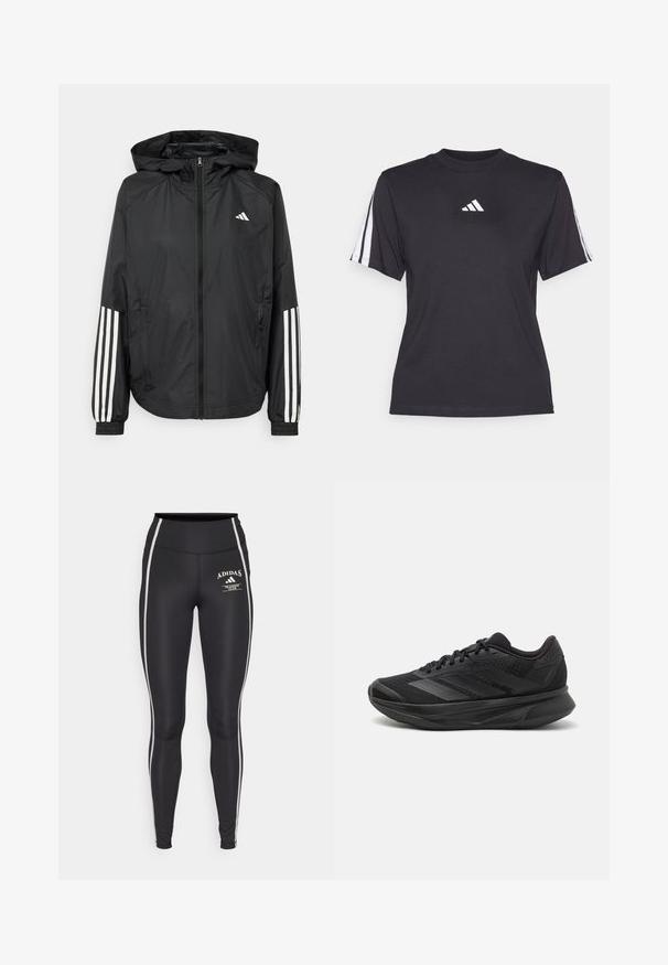 Musta kevyt takki hupparilla, jossa on täysipitkä vetoketju, elastiset hihansuut ja valkoiset kolmonauha-tyyliset yksityiskohdat hihoissa.; Musta urheilu t-paita pehmeästä kankaasta, jossa on pyöreä kaula-aukko, lyhyet hihat ja kolme valkoista raitaa kummallakin olkapäällä. Valkoinen logo rinnassa.; Mustat legginsit korkean vyötärön kanssa, joissa on valkoiset sivu raidat ja etuosassa "Adidas Training Club" -logo. Sileä, joustava kangas.; Mustat juoksukengät, joissa on hengittävä verkkoyläosa, pyöreä varvas, sulavalinjainen muotoilu, teksturoidut yksityiskohdat ja pehmustettu pohja mukavuutta varten.
