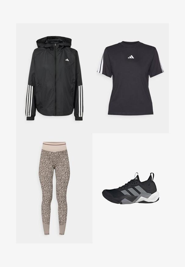 Black lightweight jacket with a hood, featuring a full zip front, elastic cuffs, and white three-stripe accents on sleeves.; Black athletic t-shirt made of soft fabric, featuring a crew neckline, short sleeves, and three white stripes on each shoulder. White logo on chest.; Leggings in a beige and brown animal print, featuring a high-rise elastic waistband and textured patterned accents near the ankles.; Black athletic shoe with a breathable mesh upper, grey accents, textured sole, and three distinctive stripes on the side.