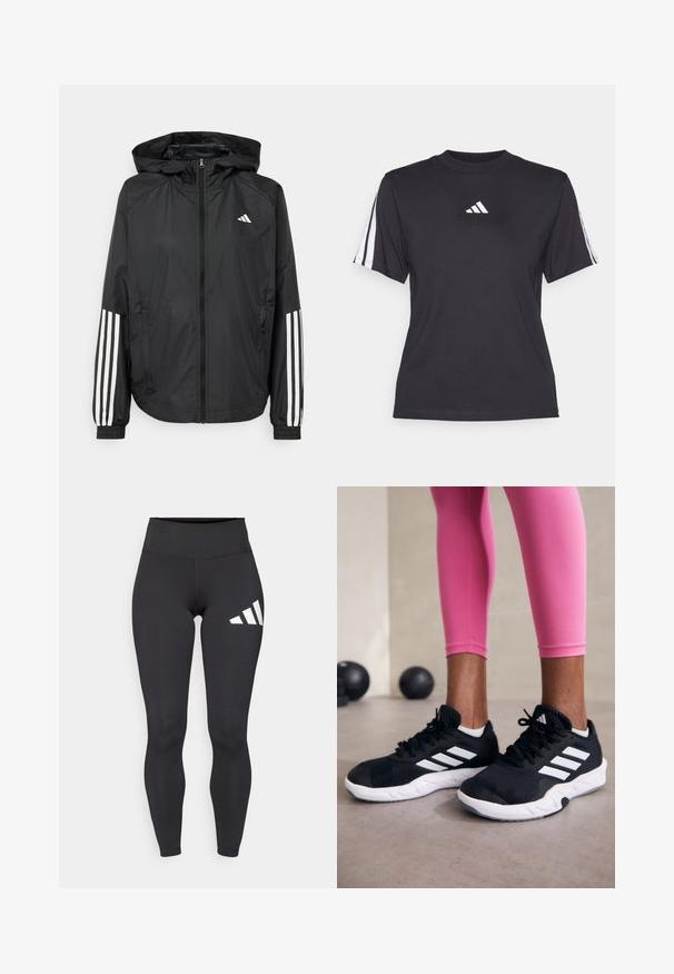 Fekete, könnyű dzseki kapucnival, teljes cipzárral, elasztikus mandzsettákkal és fehér, háromcsíkkal díszített ujjakon.; Fekete sportpóló, puha anyagból, kerek nyakkivágással, rövid ujjakkal, és mindkét vállon három fehér csíkkal. Fehér logó a mellkasán.; Fekete, elasztikus anyagból készült leggings, magas derékkal és három fehér átlós csíkkal a bal combon. Simályos textúra.; Fekete sportcipők fehér csíkokkal, texturált hálós felsőrésszel és fehér talppal. Rózsaszín leggings-szel viselve, bemutatva az edzőruhákat.