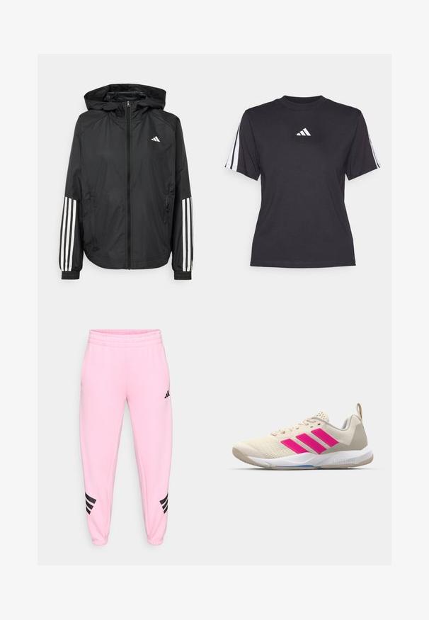 Svart lett jakke med hette, med full glidelås foran, elastiske mansjetter og hvite tre-stripes detaljer på ermene.; Svart treningstrøye laget av myk stoff, med rund hals, korte ermer og tre hvite striper på hver skulder. Hvit logo på brystet.; Rosa joggebukser med tapered leg-design, elastisk midje og svarte striper på de nedre sidene. Laget av mykt stoff.; Beige atletik sko med rosa tre-stripes logo, teksturert mesh-overdel, polstret krage og hvit gummisåle, med "LIGHTSTRIKE" merke.
