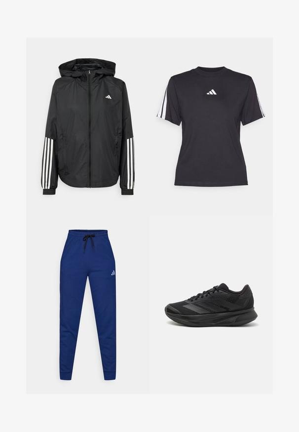 Černá lehká bunda s kapucí, která má plný zip vpředu, elastické manžety a bílé třípruhové akcenty na rukávech.; Černé sportovní tričko vyrobené z měkkého materiálu, s kulatým výstřihem, krátkými rukávy a třemi bílými pruhy na každém rameni. Bílé logo na hrudi.; Modré bavlněné joggery s elastickým pasem, nastavitelným černým šňůrkou a malým bílým logem na levém stehně. Přiléhavý střih.; Černé běžecké boty s prodyšným síťovaným svrškem, kulatou špičkou, elegantním designem, texturovanými detaily a polstrovanou podrážkou pro pohodlí.