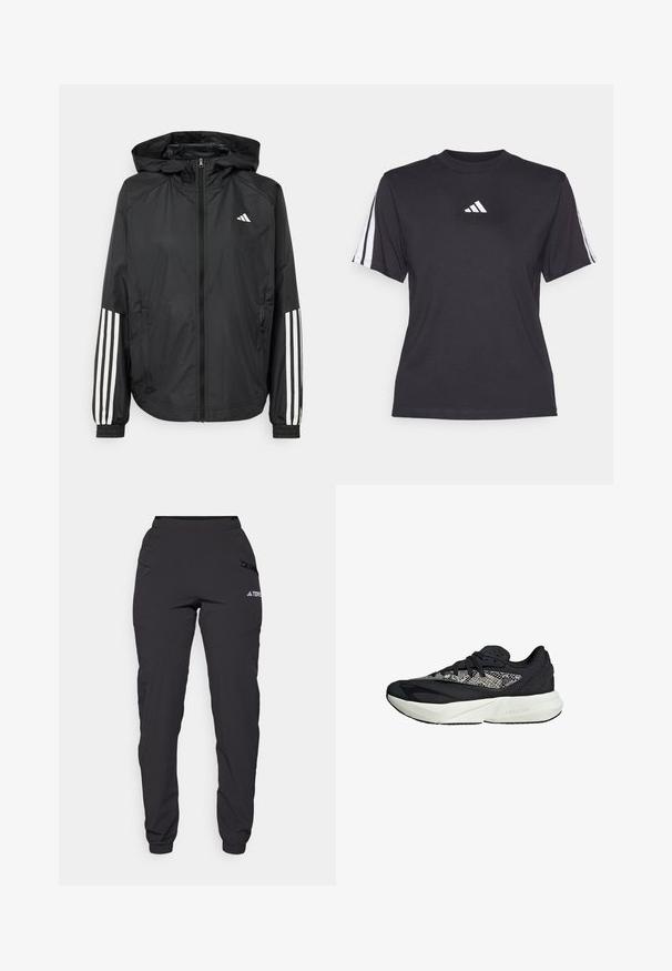 Veste légère noire avec capuche, dotée d'une fermeture à glissière intégrale, de poignets élastiques et d'accents blancs à trois rayures sur les manches.; T-shirt de sport noir en tissu doux, avec un col rond, des manches courtes et trois rayures blanches sur chaque épaule. Logo blanc sur la poitrine.; Pantalons étanches noirs avec une taille élastique, des poches latérales zippées, des jambes fuselées et des poignets côtelés aux chevilles. Présente des accents de logo.; Baskets noires et grises avec une tige en tricot texturé, semelle intermédiaire blanche avec le logo "LIGHTSTRIKE" et un design à bout rond.