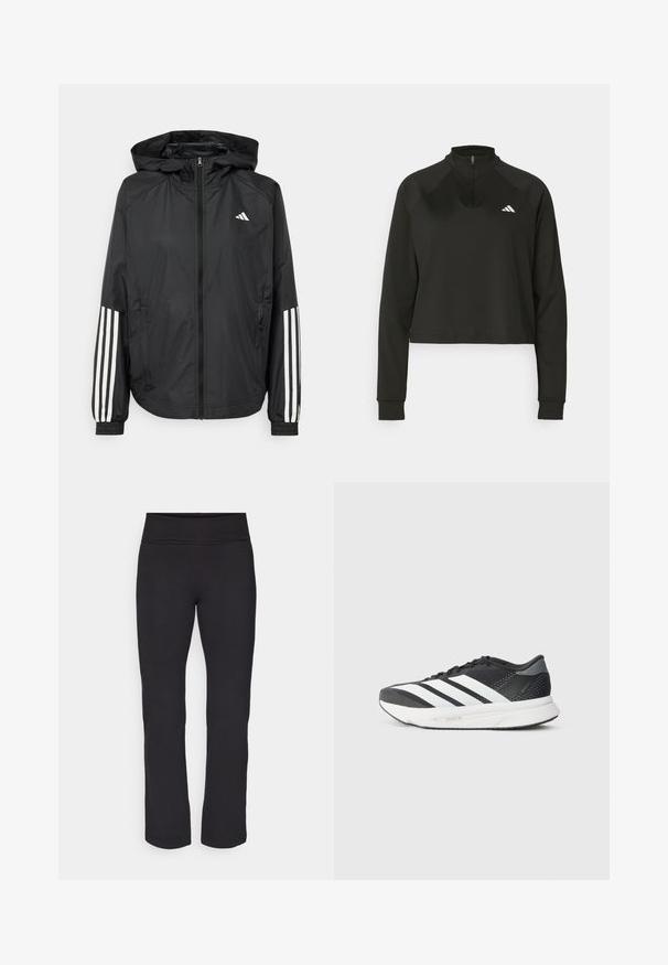 Sort letvægtsjakke med hætte, der har fuld lynlås fortil, elastiske manchetter og hvide tre-stribede detaljer på ærmerne.; Sort quarter-zip trøje lavet af glat stof med lange ærmer, med en høj krave og et hvidt logo på venstre bryst.; Sorte leggings med et glat, strækbart stof og en bred talje. De har lige, fuldlængde ben og ingen synlige mønstre eller detaljer.; Sort atletisk sko med hvide striber, mesh-overdel, polstret sål og et strømlinet design. Grå accenter på hælen og tungen.