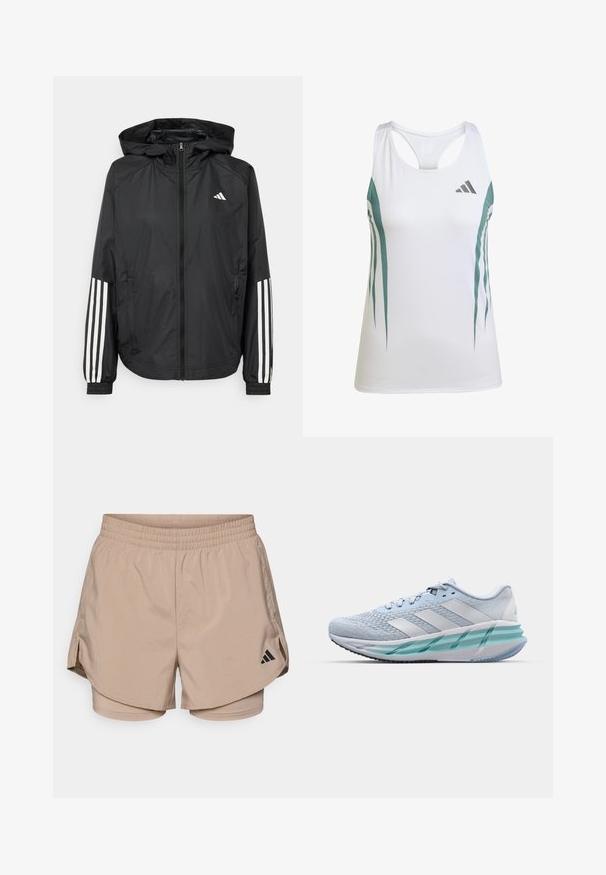 Schwarze, leichte Jacke mit Kapuze, die einen durchgehenden Reißverschluss, elastische Bündchen und weiße dreistreifige Akzente an den Ärmeln aufweist.; Weißes Sport-Tanktop mit türkisfarbenen Akzenten und geometrischem Muster. Verfügt über ein Racerback-Design und leichten, strukturierten Stoff.; Beige Sportshorts mit einem Bund, ausgestattet mit seitlichen Schlitzen und inneren Shorts. Schwarzes Adidas-Logo auf der linken Unterseite. Glatte Stofftextur.; Helle blaue Sportschuhe mit einem strukturierten Strickobermaterial, weißen Akzenten und einer transparenten grünen Zwischensohle. Abgerundete Zehenpartie und gepolsterter Schaft.
