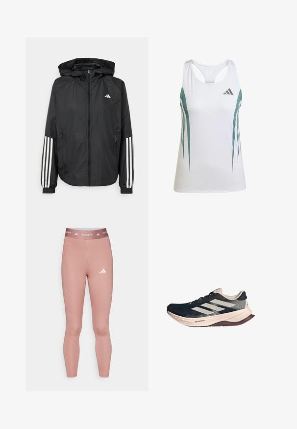 Chaqueta ligera negra con capucha, que cuenta con un cierre frontal de cremallera completa, puños elásticos y acentos blancos de tres rayas en las mangas.; Camiseta deportiva blanca sin mangas con acentos en verde azulado y un patrón geométrico. Presenta un diseño de espalda nadadora y una tela ligera y texturizada.; Leggings Techfit en un suave color rosa, fabricados con material elástico, con un diseño ajustado y un logo blanco en la parte inferior de la pierna y en la cintura.; Zapatilla de running con una parte superior de malla azul oscura, suela beige claro y diseño de tres rayas blancas. Presenta una forma elegante y aerodinámica, y detalles texturizados.