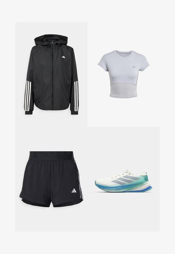 Zwarte lichtgewicht jas met een capuchon, met een volledige ritssluiting aan de voorkant, elastische manchetten en witte accenten met drie strepen op de mouwen.; adidas Performance Sport T-shirt - halo silver grey; Zwarte sportshorts met een elastische tailleband, voorzien van een gestructureerde band, zijstrepen en een wit Adidas-logo op de onderrand.; Witte hardloopschoen met een ademende mesh bovenkant, lichtblauwe tussenzool en teal accenten. Heeft een slank ontwerp en een gestructureerde zool.