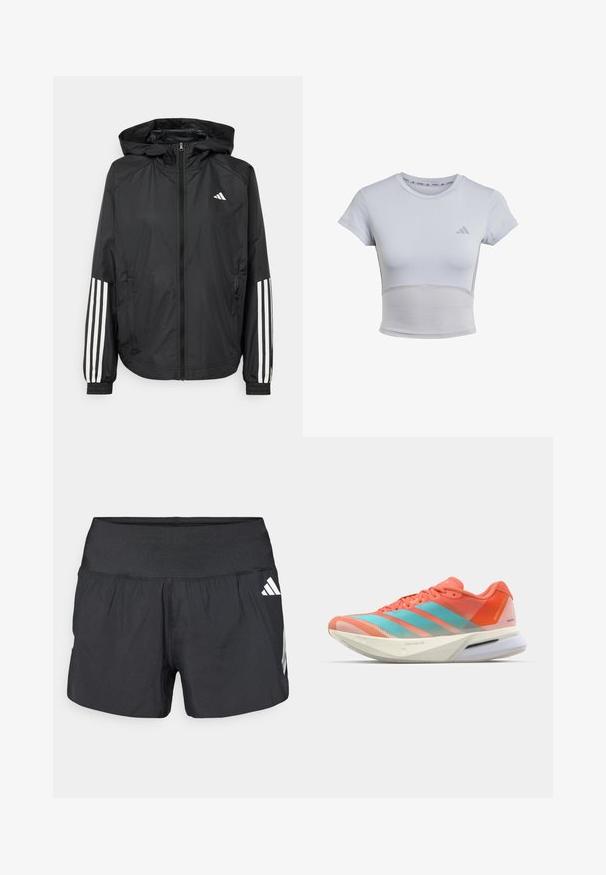 Black lightweight jacket with a hood, featuring a full zip front, elastic cuffs, and white three-stripe accents on sleeves.; adidas Performance Sports T-shirt - halo silver grey; Black athletic shorts featuring a wide elastic waistband, lightweight fabric, and white logo accents on the lower side.; Running shoe with a breathable mesh upper in coral and aqua, featuring three stripes, a cushioned sole, and a sleek design.