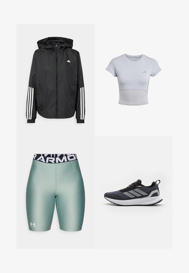 Giacca leggera nera con cappuccio, caratterizzata da una zip frontale completa, polsini elastici e accenti bianchi a tre strisce sulle maniche.; adidas Performance T-Shirt sport - halo silver grey; Shorts sportivi verde chiaro con una superficie liscia, caratterizzati da una vita nera con la scritta "ARMOUR" in lettere bianche e un piccolo logo bianco.; Scarpa sportiva nera con parte superiore in rete, suola intermedia bianca, suola in gomma testurizzata e tre strisce grigie sui lati. Dotata di lacci e una linguetta per la calzata.