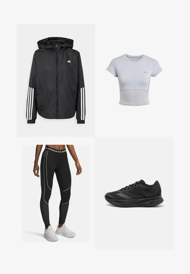 Svart lätt jacka med huva, som har full dragkedja framtill, elastiska ärmslut och vita tre-stripes accenter på ärmarna.; adidas Performance T-shirt till träning - halo silver grey; Under Armour COLDGEAR - Tights - black; Svart löparskor med ett andningsbart mesh-övre, rund tå, elegant design, texturerade accenter och en dämpad sula för komfort.