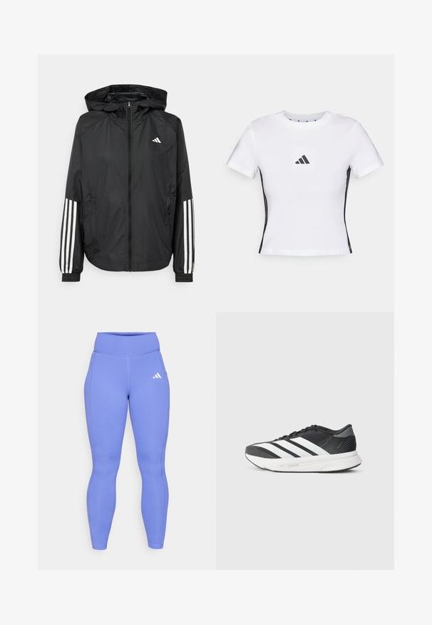 Melnā vieglā jaka ar kapuci, ar pilnu rāvējslēdzēju priekšā, elastīgām aprocēm un baltām trīs svītru akcentiem uz piedurknēm.; Balta īsām piedurknēm T-kreklā izgatavota no kokvilnas, ar melnu Adidas logo kvadrātveida uzlīmi un melniem sānu akcentiem. Klasisks apaļais kakla izgriezums.; Violetās ribotās legingas, izgatavotas no elastīga auduma, ar augstu jostu un nelielu balto logo augšstilbā.; Melnas sporta kurpes ar baltām strīpām, sieta augšdaļa, mīksta zole un elegants dizains. Pelēki akcenti uz papēža un mēles.