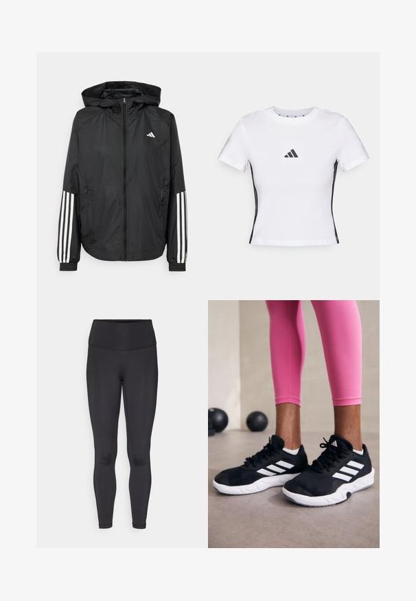 Mustikas kerge jope kapuutsiga, eesmise täispika zipiga, elastsete varrukate ja valgete kolme triibu aktsentidega varrukatel.; Valge lühikeste varrukatega t-särk, mis on valmistatud puuvillast, musta Adidas-logo ruutpatchi ja mustade külgmiste aktsentidega. Klassikaline ümar kaelus.; Mustad kõrge vöökohtadega mustad legginsid, valmistatud venivast materjalist. Sile tekstuur, ilma nähtavate mustrite või aktsentideta. Keha järgiv disain.; Mustad must sportlikud jalanõud valgete triipudega, tekstureeritud võrkkattega ülemine osa ja valge tallaga. Kombineeritud roosade retuusidega, tutvustades treeningriideid.