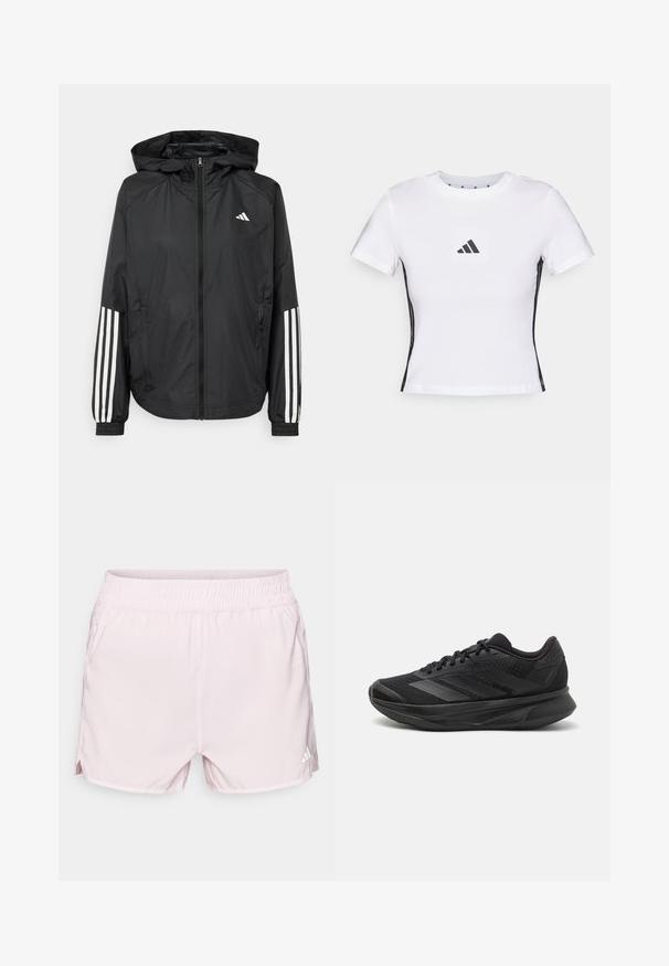 Black lightweight jacket with a hood, featuring a full zip front, elastic cuffs, and white three-stripe accents on sleeves.; White short-sleeve t-shirt made from cotton, featuring a black Adidas logo in a square patch and black side accents. Classic crew neckline.; Pink athletic shorts with an elastic waistband, lightweight fabric, side slits, and a small white logo on the lower right side.; Black running shoe with a breathable mesh upper, rounded toe, sleek design, textured accents, and a cushioned sole for comfort.