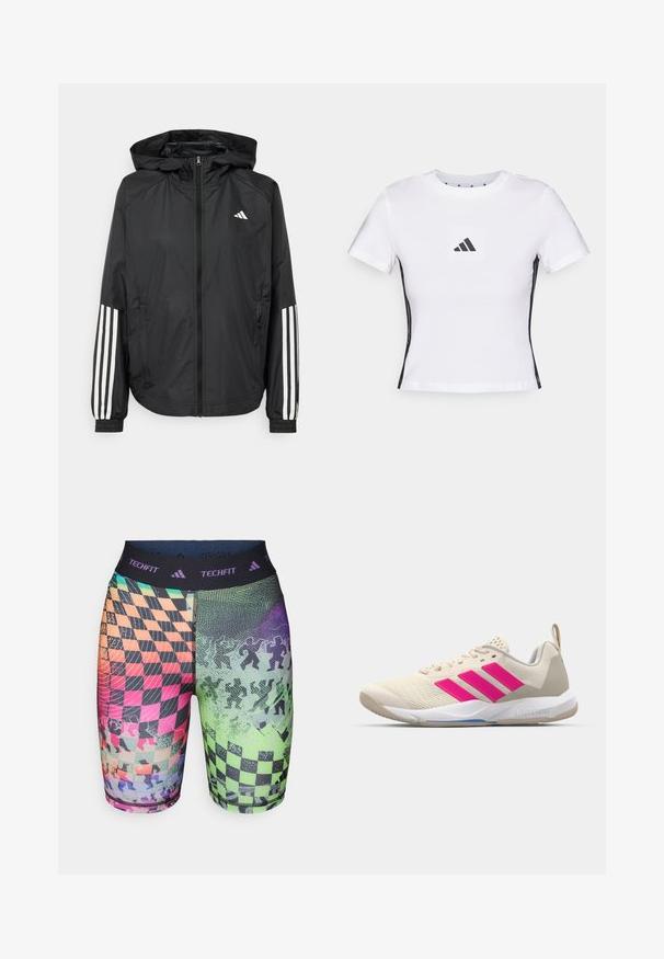 Black lightweight jacket with a hood, featuring a full zip front, elastic cuffs, and white three-stripe accents on sleeves.; White short-sleeve t-shirt made from cotton, featuring a black Adidas logo in a square patch and black side accents. Classic crew neckline.; Adidas Techfit shorts featuring a multicolored checkerboard pattern with geometric designs, made from stretch fabric with a comfortable waistband.; Beige athletic shoe with pink three-stripe logo, textured mesh upper, padded collar, and white rubber sole, featuring "LIGHTSTRIKE" branding.