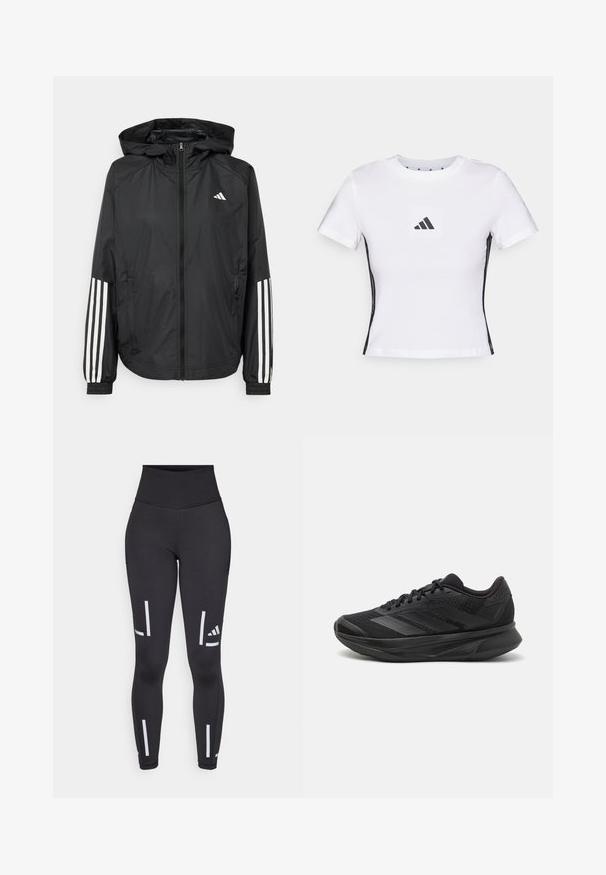 Juodas lengvas džemperis su gobtuvu, turi pilną užtrauktuką priekyje, elastingas rankovių gumytes ir baltus tris juostų akcentus ant rankovių.; Balta trumpa rankovėmis marškinėliai, pagaminti iš medvilnės, su juodu Adidas logotipu kvadratiniame užsiliebenime ir juodais šonų akcentais. Klasikinis apvalus kaklo iškirpimas.; Juodos leggingai su aukštu liemeniu, pagaminti iš tamprios medžiagos. Yra vertikalios baltos juostelės ir logotipas šalia kulkšnies bei viršutinėje kojoje.; Juodas bėgimo batelis su kvėpuojančiu tinkliniu viršumi, suapvalintu kojų pirštu, stilingu dizainu, tekstūruotais akcentais ir paminkštintu padu komfortui.