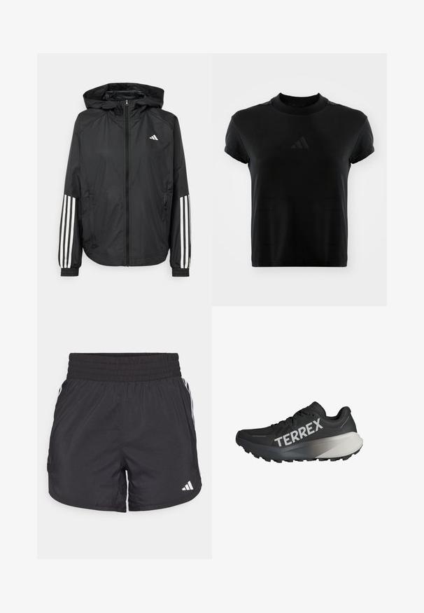 Črna lahka jakna s kapuco, z polnim zadrgo spredaj, elastikami na zapestjih in belimi tridelnimi poudarki na rokavih.; Črn kratkoročni T-majica iz gladkega materiala. Ima okroglo ovratnik in izbokljen logotip Adidas spredaj.; Črne atletske kratke hlače z elastičnim pasom, stranskimi žepi in belimi črtami na straneh. Narejene iz lahkega materiala.; Črne športne čevlje za tek z strukturo zgornjega dela, vidnim logotipom "TERREX" v beli barvi, obliko podplata v ožjem stilu in gradijentnim sivo-odtenkom na peti.